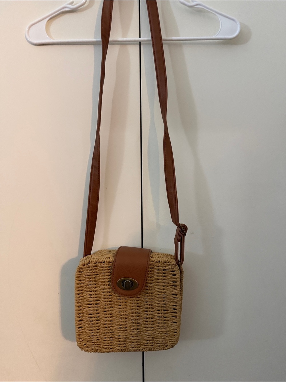Woven Straw Crossbody Bag with Brown Leather Trim